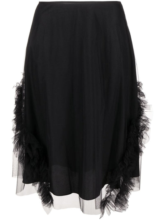 Black Lionel Ruffled Tulle Midi Skirt