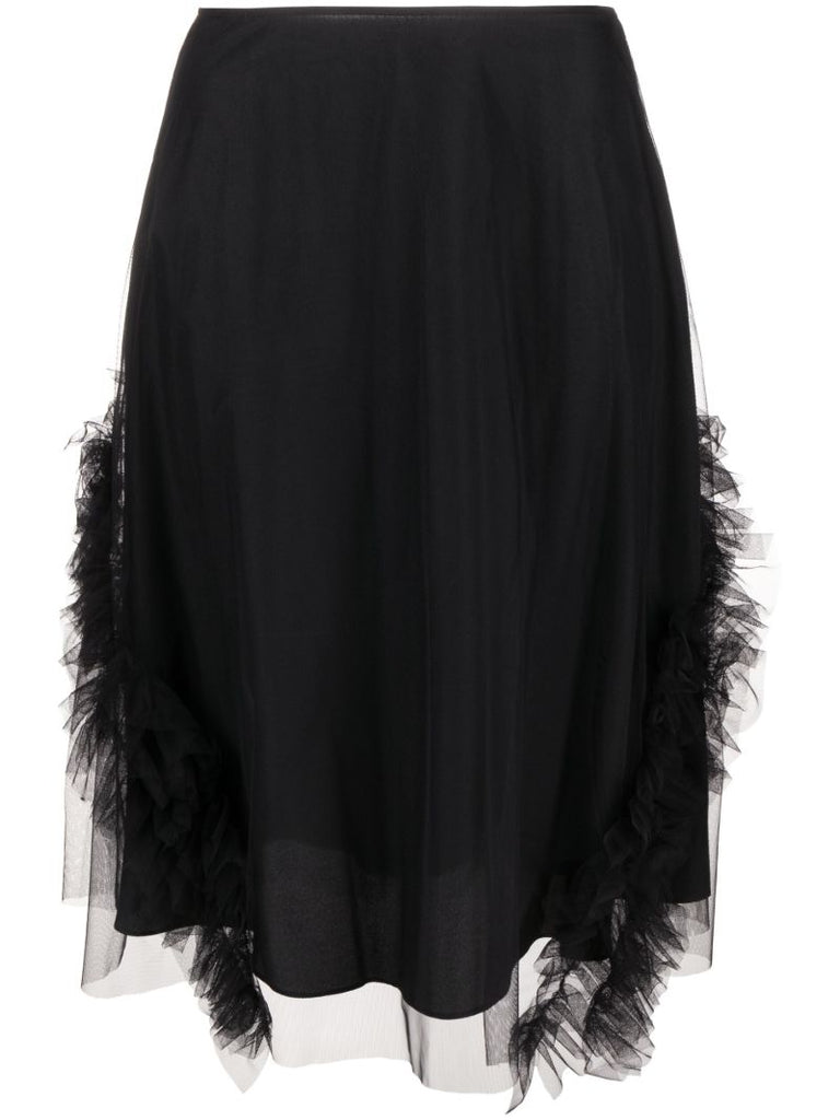 Black Lionel Ruffled Tulle Midi Skirt
