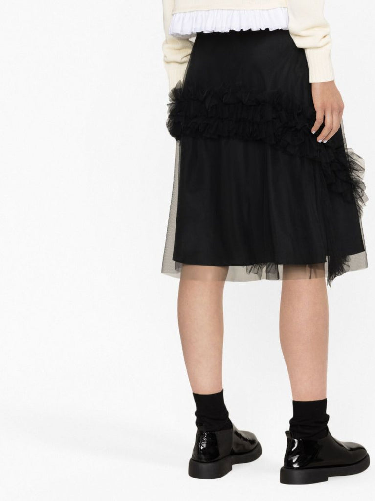 Black Lionel Ruffled Tulle Midi Skirt