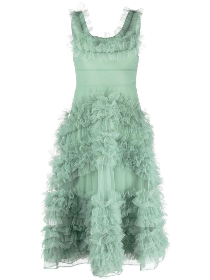 Green Mertyl Ruffled Tulle Midi Dress