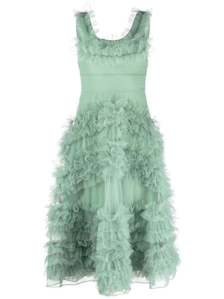 Green Mertyl Ruffled Tulle Midi Dress