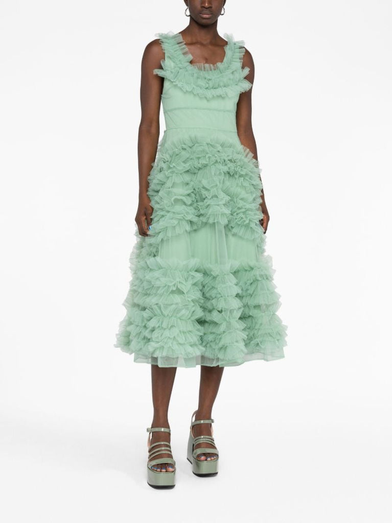 Green Mertyl Ruffled Tulle Midi Dress