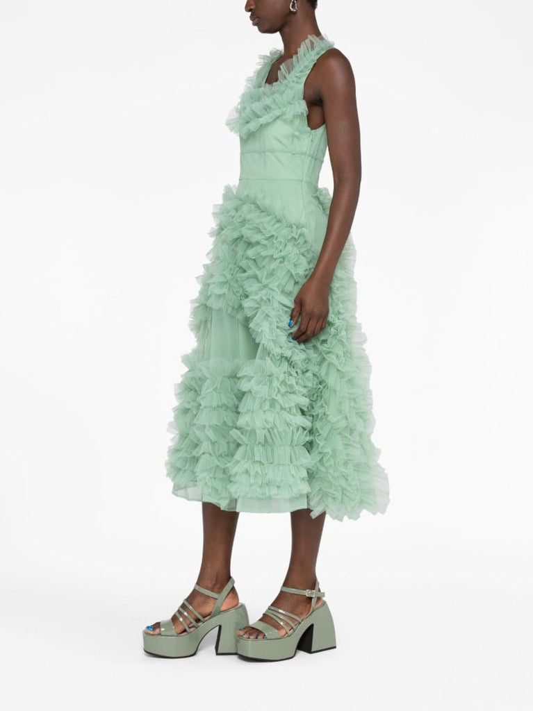 Green Mertyl Ruffled Tulle Midi Dress