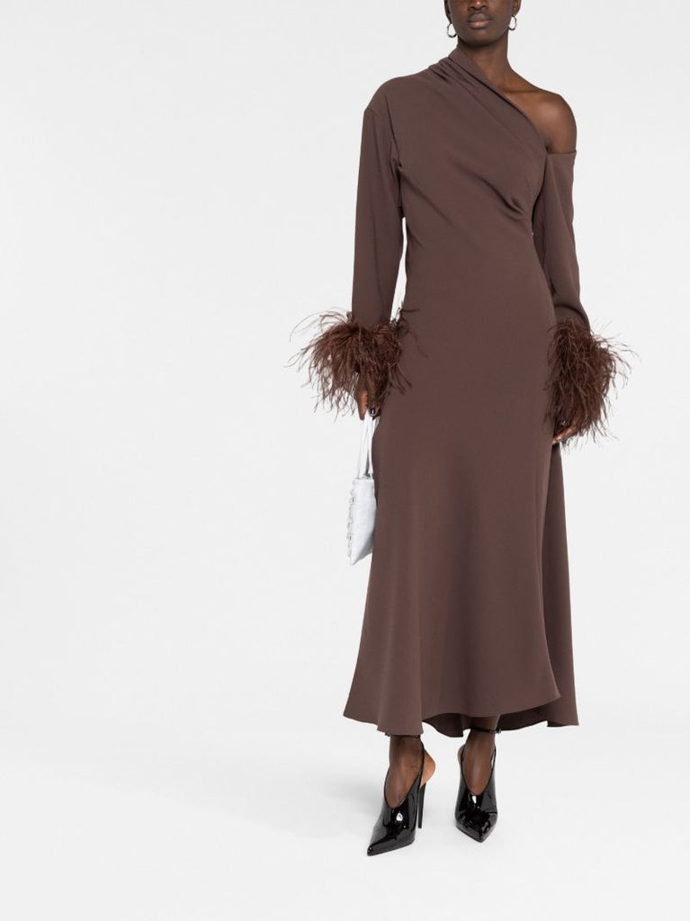 Brown Adelaide Feather Trimmed Dress