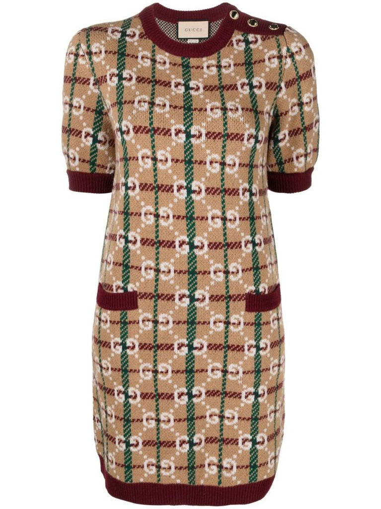 Neutral Gg Check Wool Dress