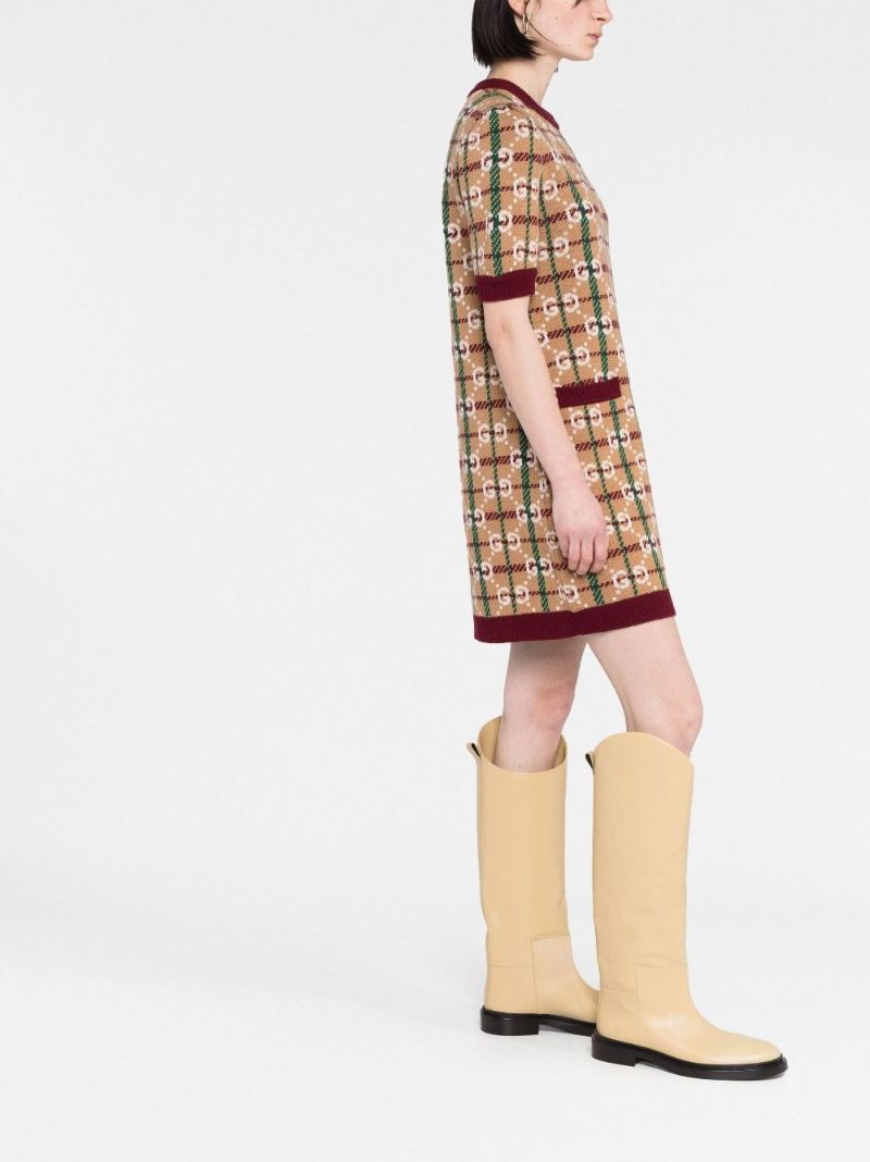 Neutral Gg Check Wool Dress