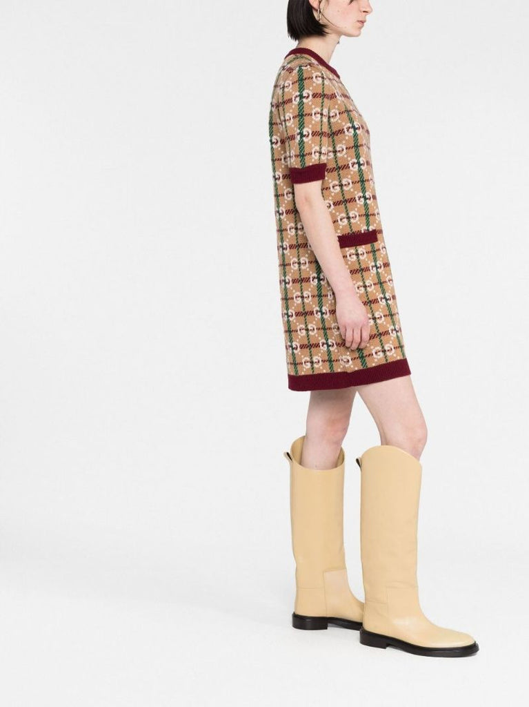 Neutral Gg Check Wool Dress