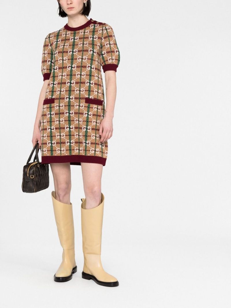 Neutral Gg Check Wool Dress