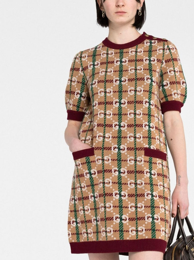 Neutral Gg Check Wool Dress