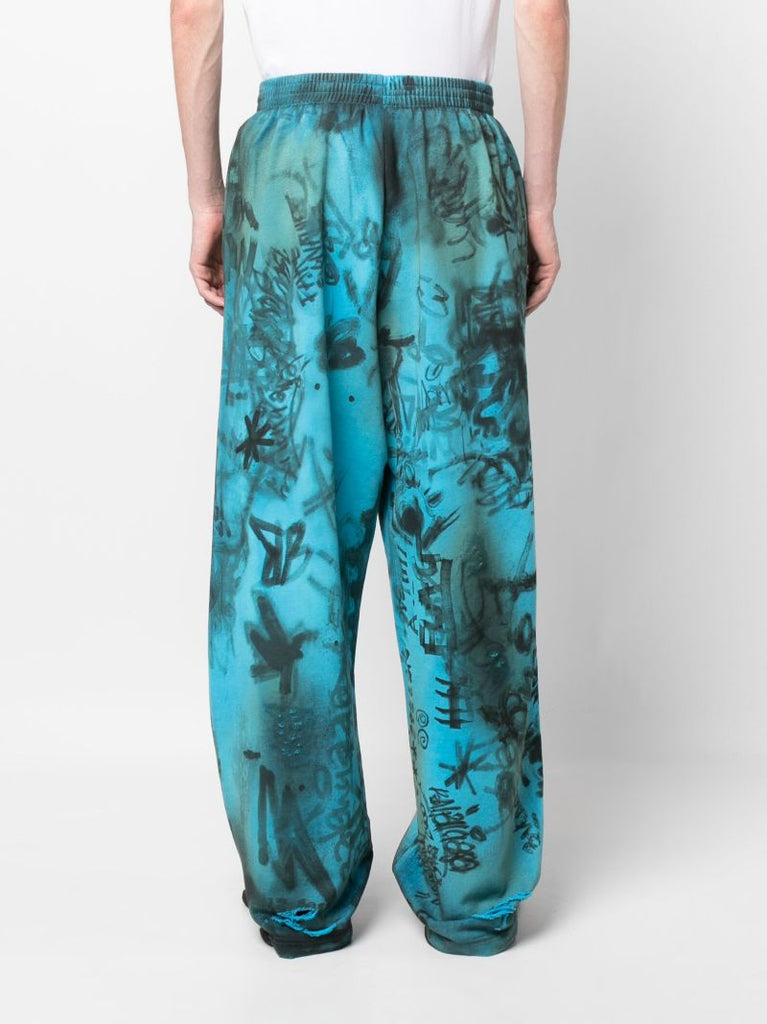 Blue Skater Graffiti Print Cotton Track Pants