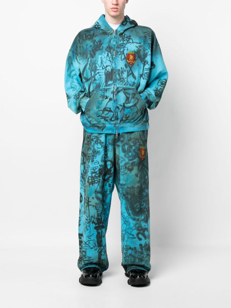 Blue Skater Graffiti Print Cotton Track Pants