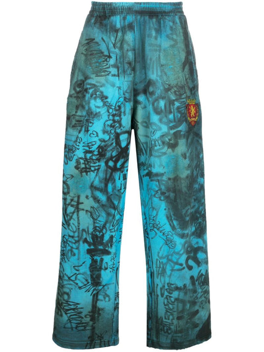 Blue Skater Graffiti Print Cotton Track Pants