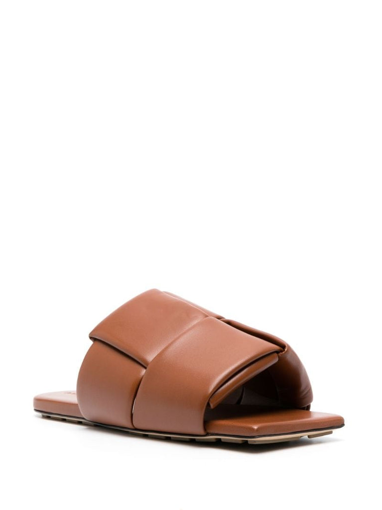 Brown Lido Padded Intrecciato Leather Slides