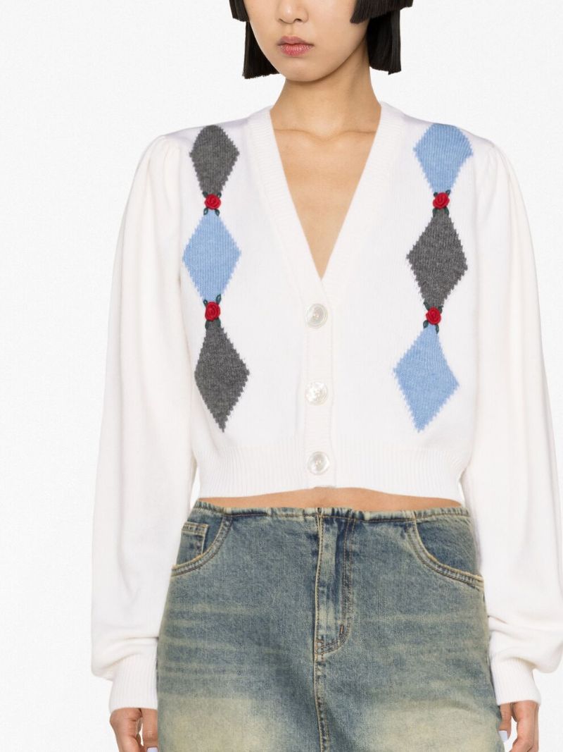 White Diamond Intarsia Wool Cardigan