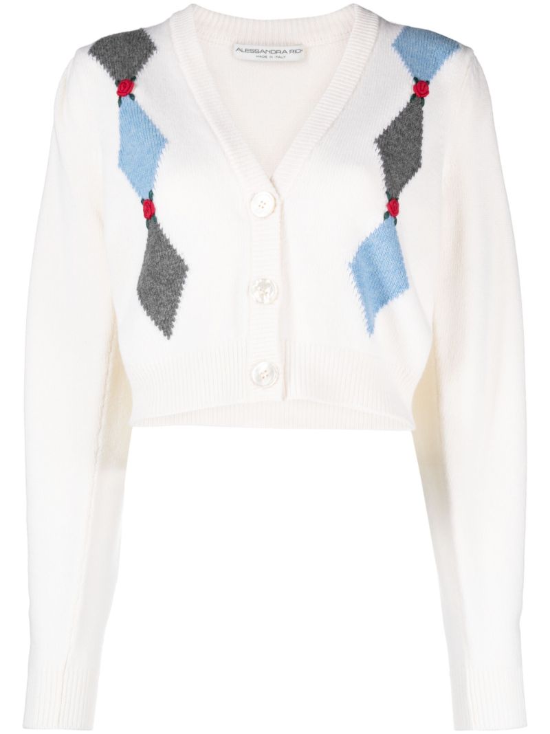 White Diamond Intarsia Wool Cardigan