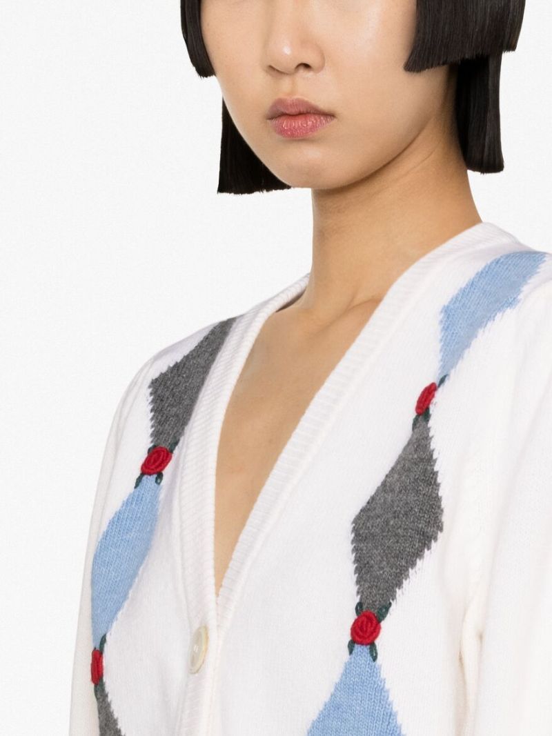 White Diamond Intarsia Wool Cardigan