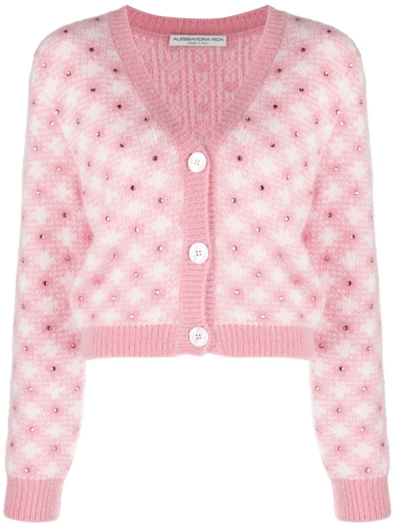 Pink Checked Embellished Cardigan