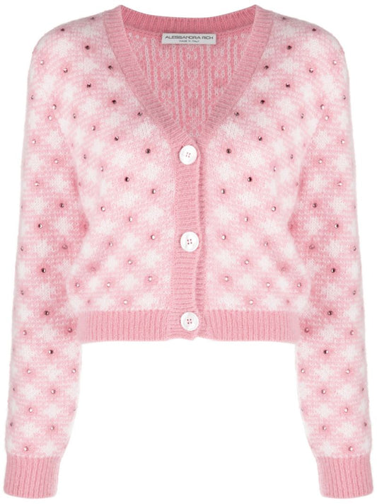 Pink Checked Embellished Cardigan