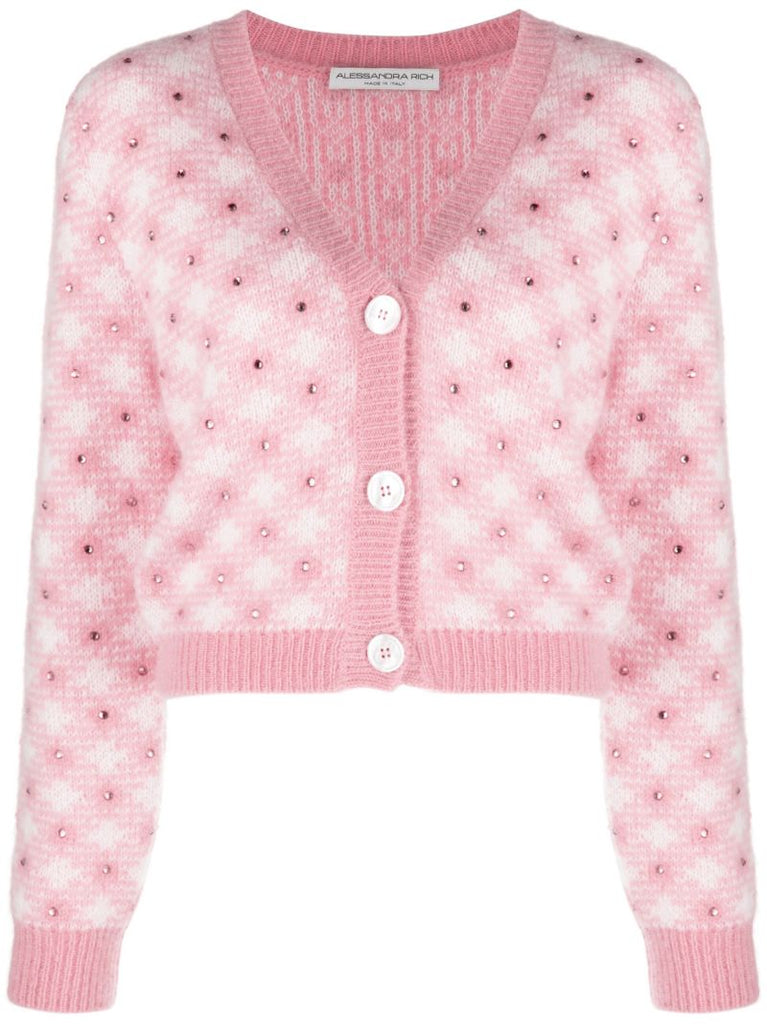 Pink Checked Embellished Cardigan
