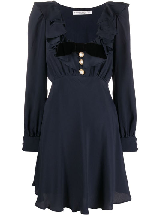 Blue Ruffled-neck Mini Dress