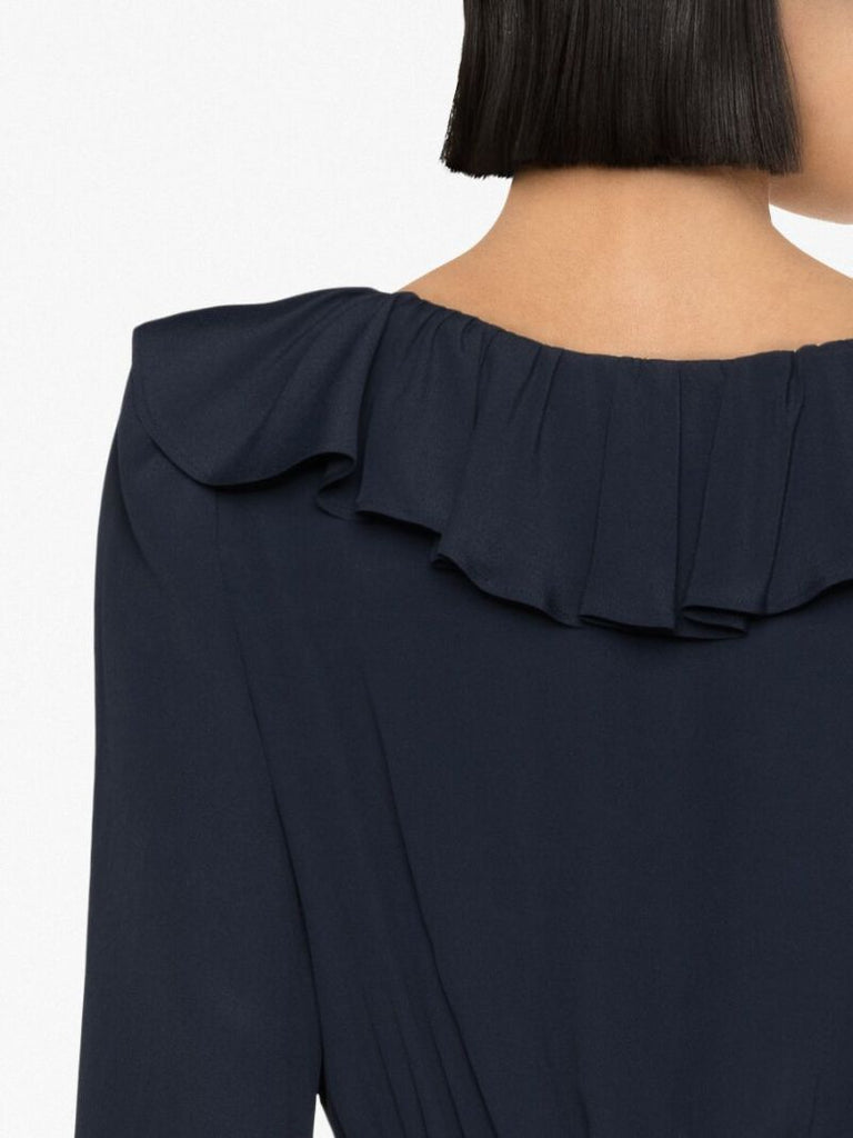 Blue Ruffled-neck Mini Dress