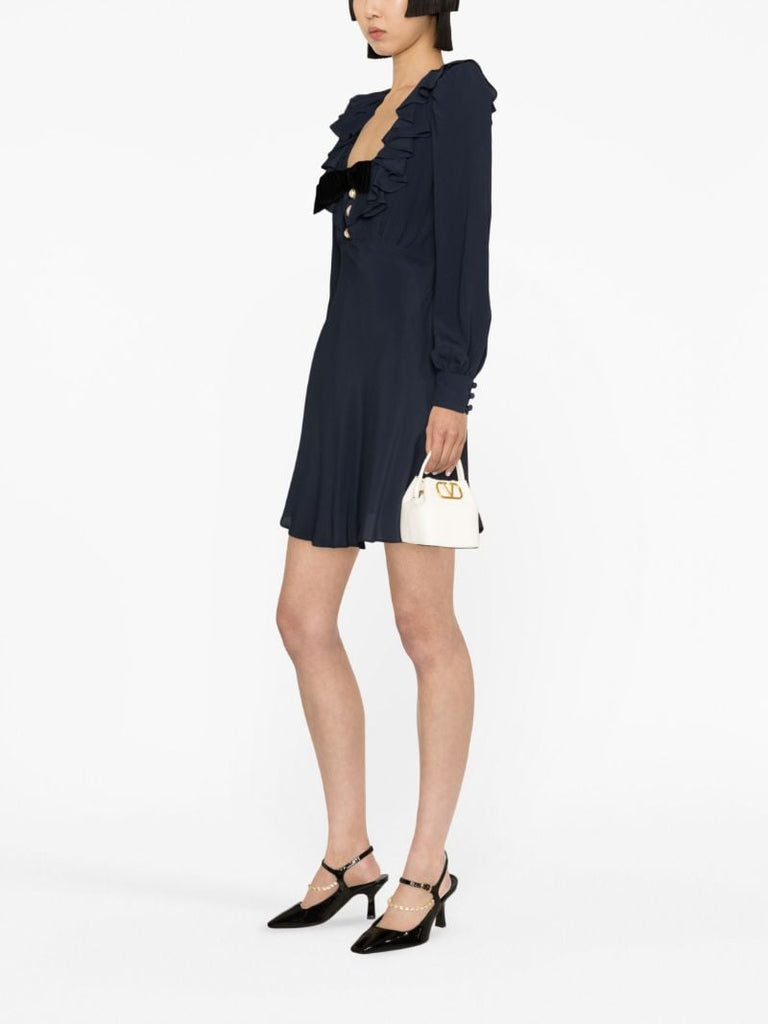 Blue Ruffled-neck Mini Dress