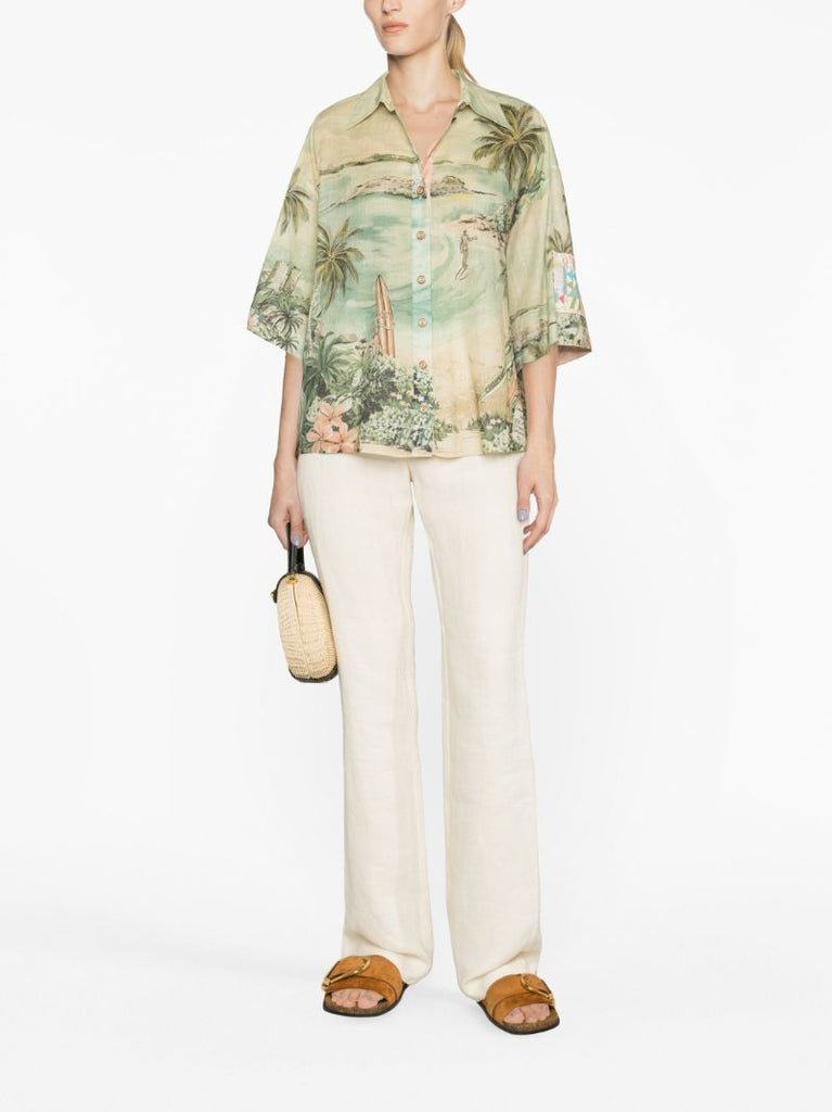 Green Vacay Surf Printed Cotton Shirt