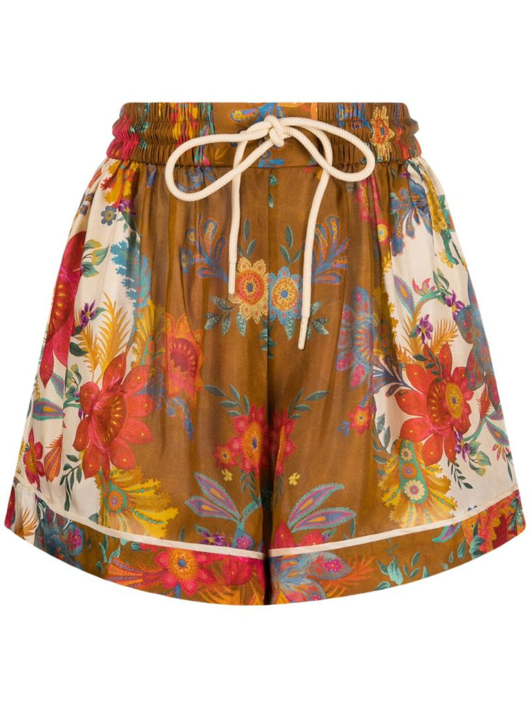Brown Ginger Floral Print Silk Shorts