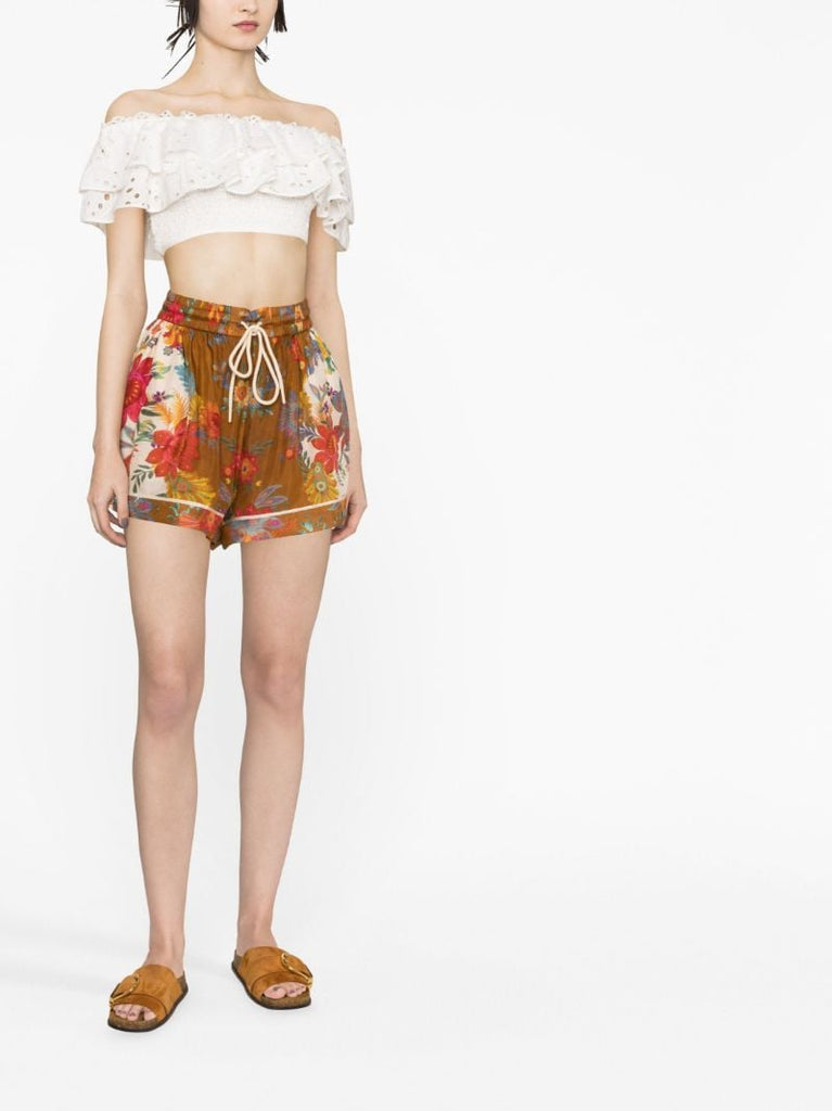 Brown Ginger Floral Print Silk Shorts