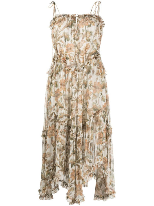 Neutral Chintz Floral Print Midi Dress