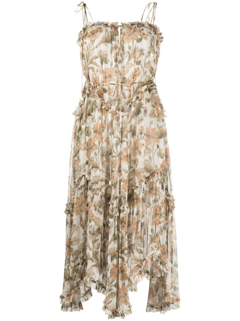 Neutral Chintz Floral Print Midi Dress