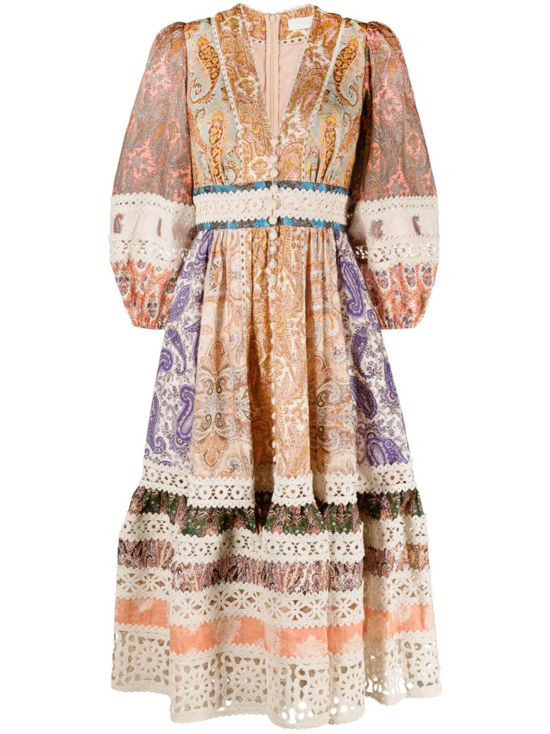 Neutral Devi Mixed Print Linen Midi Dress
