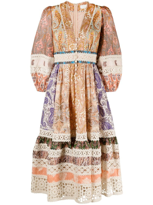 Neutral Devi Mixed Print Linen Midi Dress