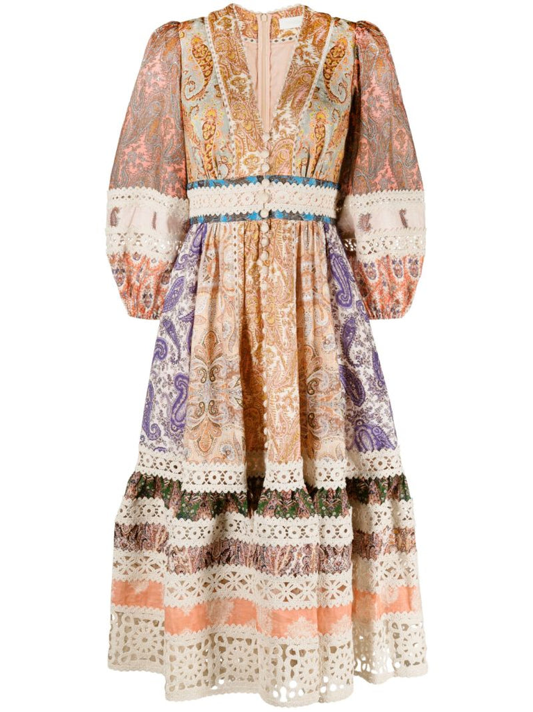 Neutral Devi Mixed Print Linen Midi Dress