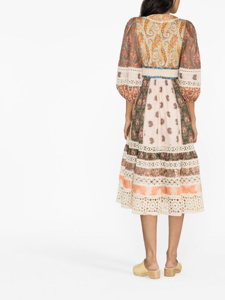 Neutral Devi Mixed Print Linen Midi Dress
