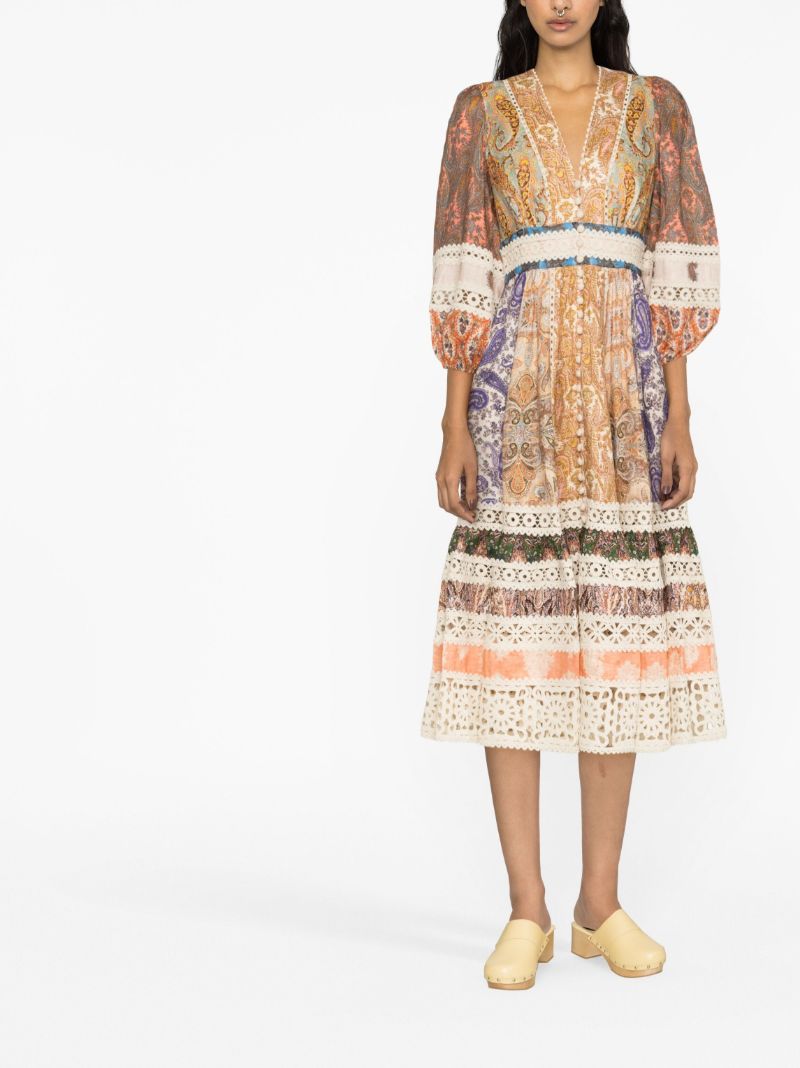Neutral Devi Mixed Print Linen Midi Dress