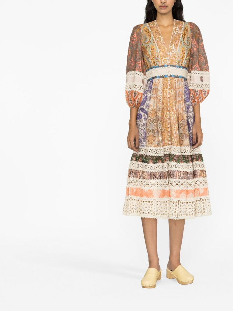 Neutral Devi Mixed Print Linen Midi Dress