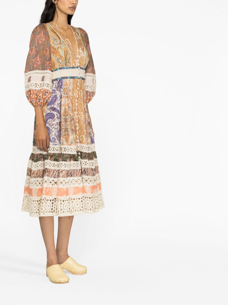 Neutral Devi Mixed Print Linen Midi Dress