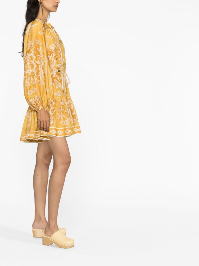 Yellow Raie Floral Print Silk Dress