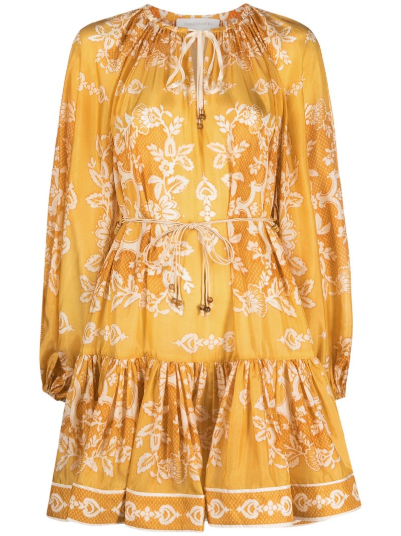 Yellow Raie Floral Print Silk Dress