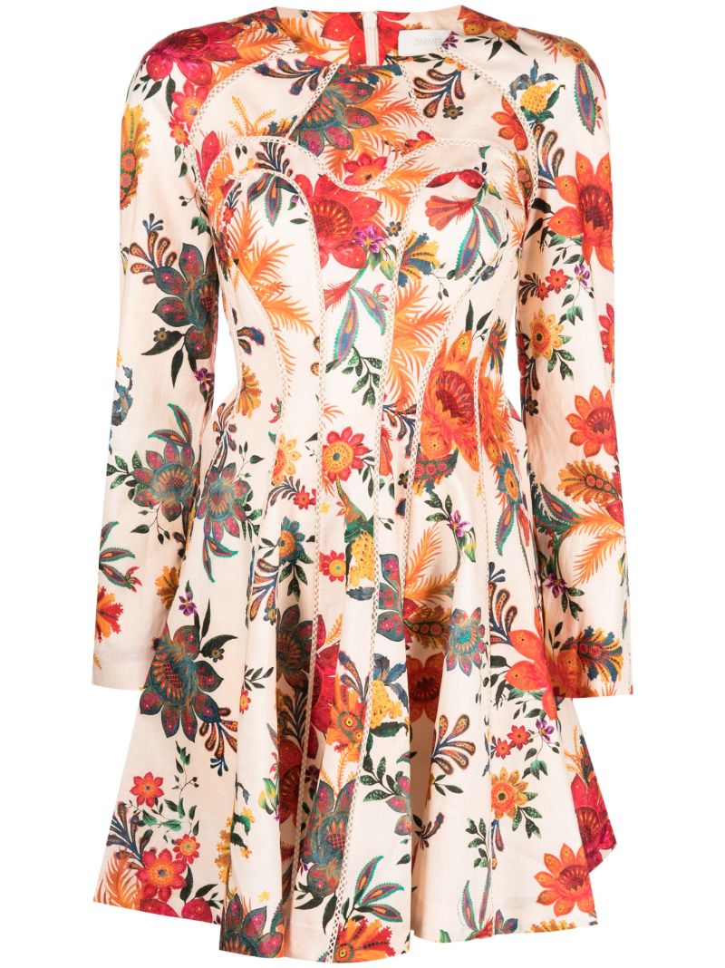 Neutral Ginger Floral Print Flared Mini Dress