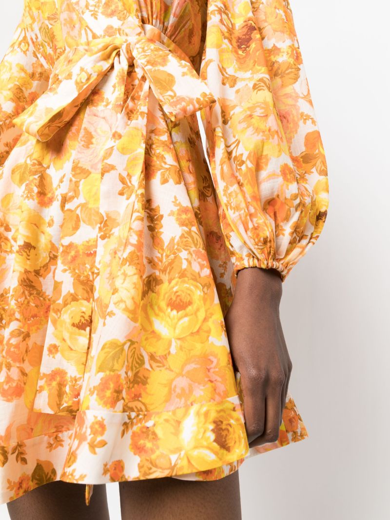 Orange Raie Floral Print Wrap Mini Dress