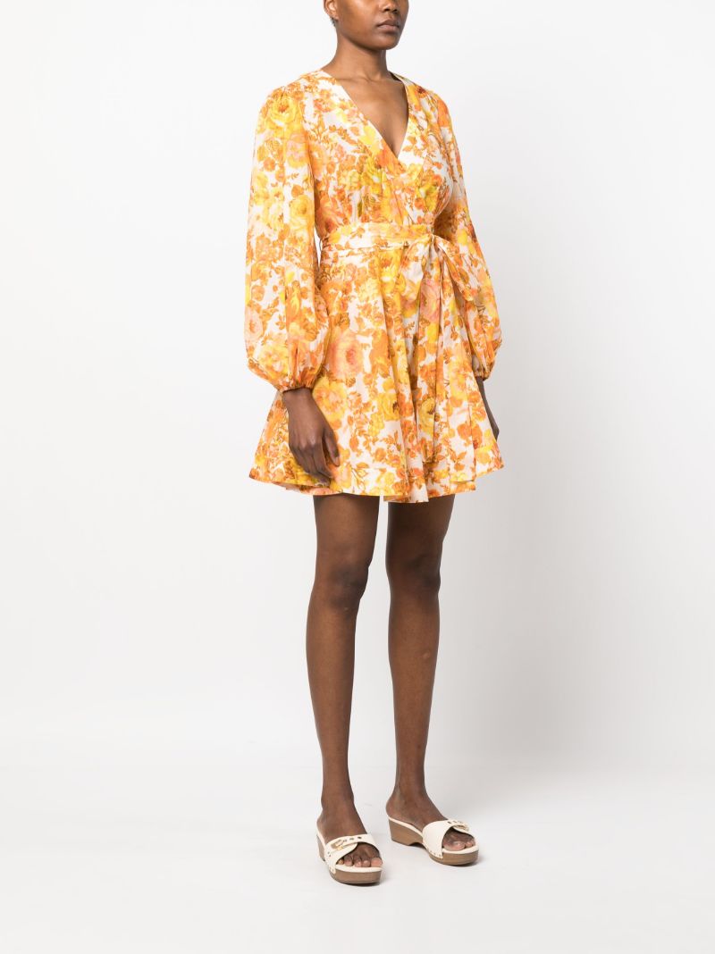 Orange Raie Floral Print Wrap Mini Dress