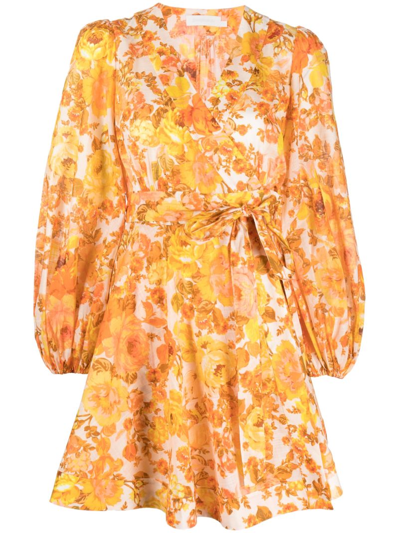 Orange Raie Floral Print Wrap Mini Dress