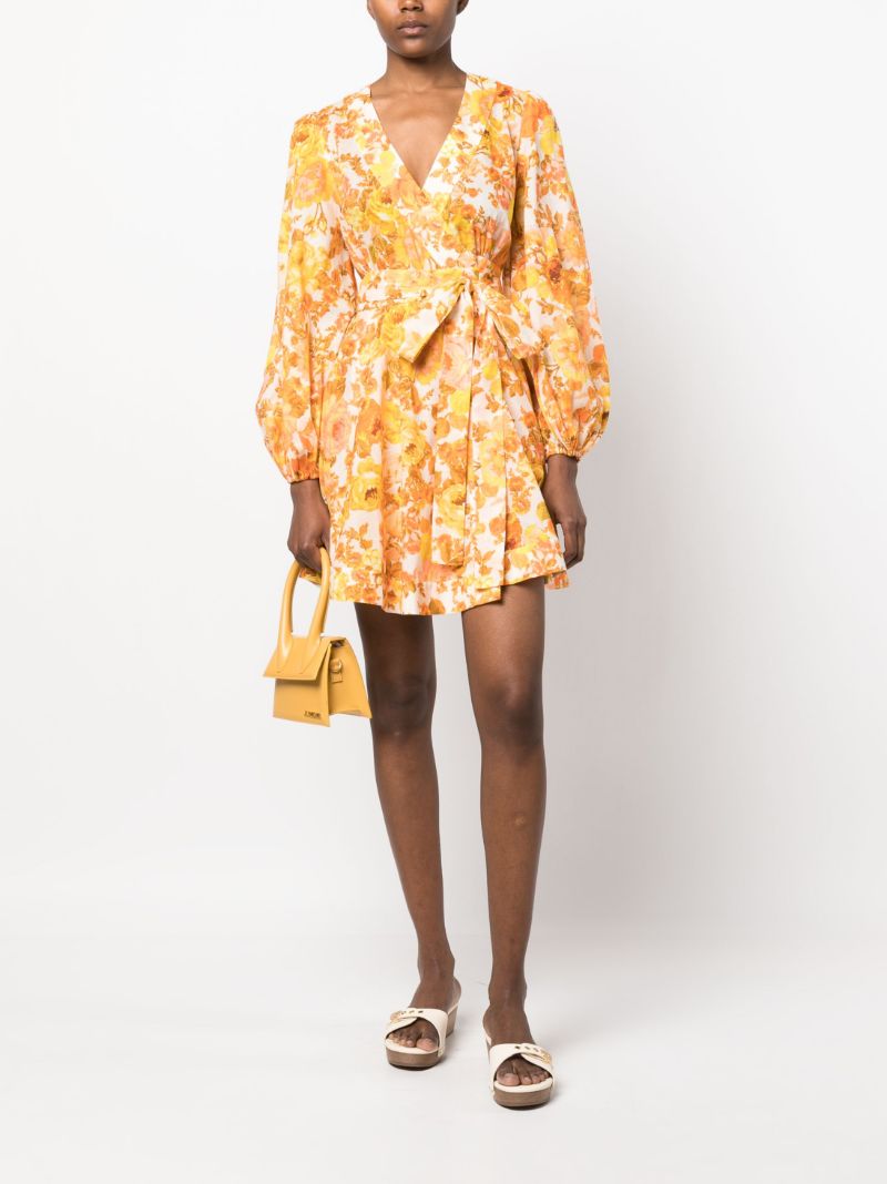 Orange Raie Floral Print Wrap Mini Dress