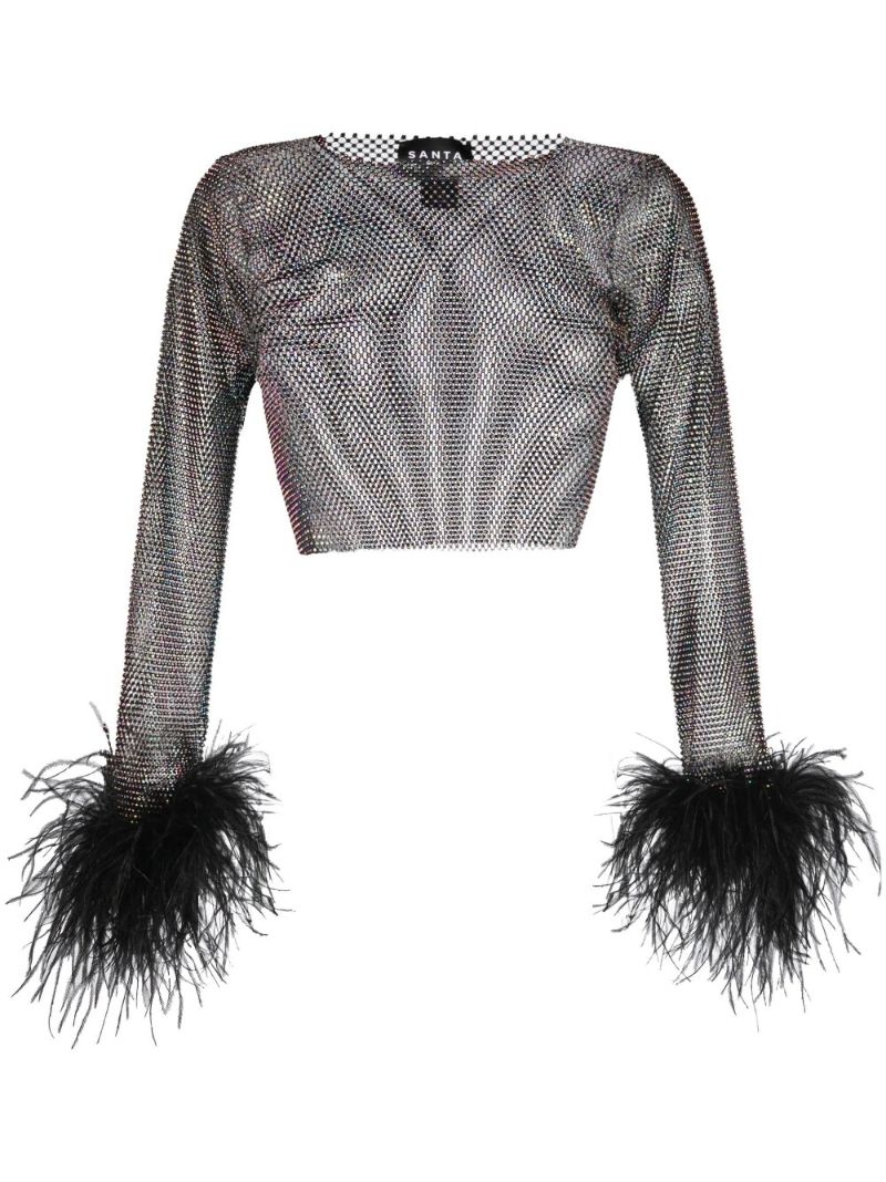 Black Feather Cuff Crystal Cropped Top