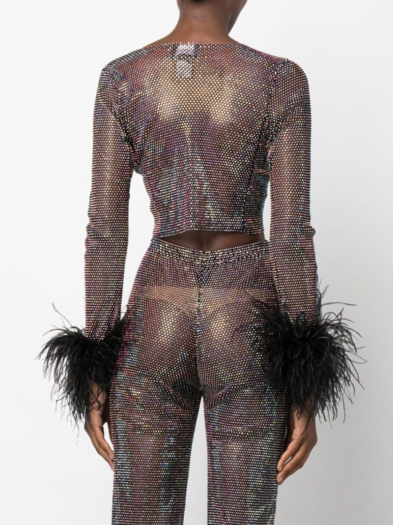 Black Feather Cuff Crystal Cropped Top