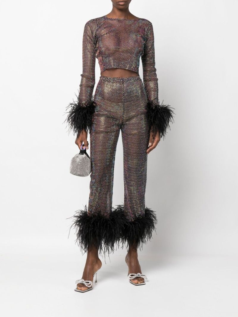 Black Feather Cuff Crystal Cropped Top