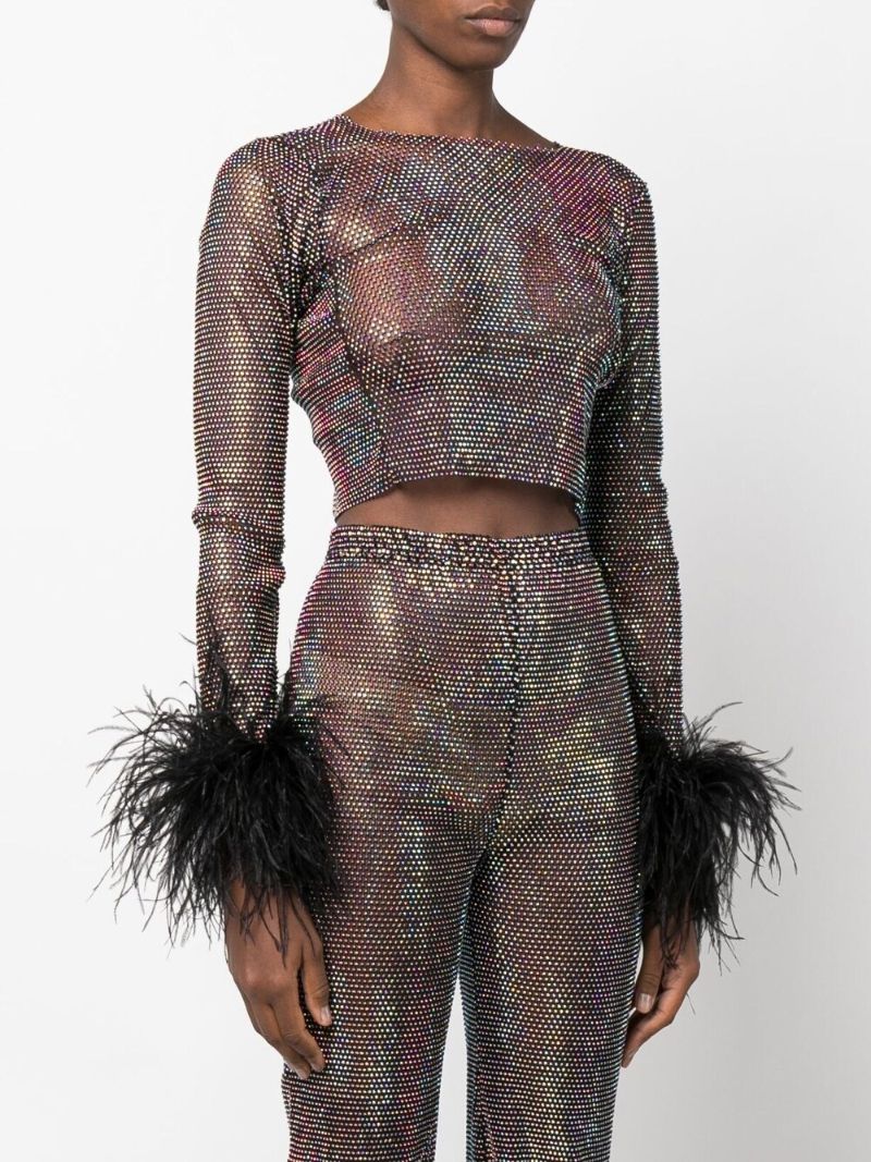 Black Feather Cuff Crystal Cropped Top