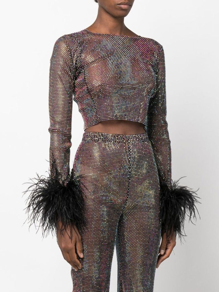 Black Feather Cuff Crystal Cropped Top